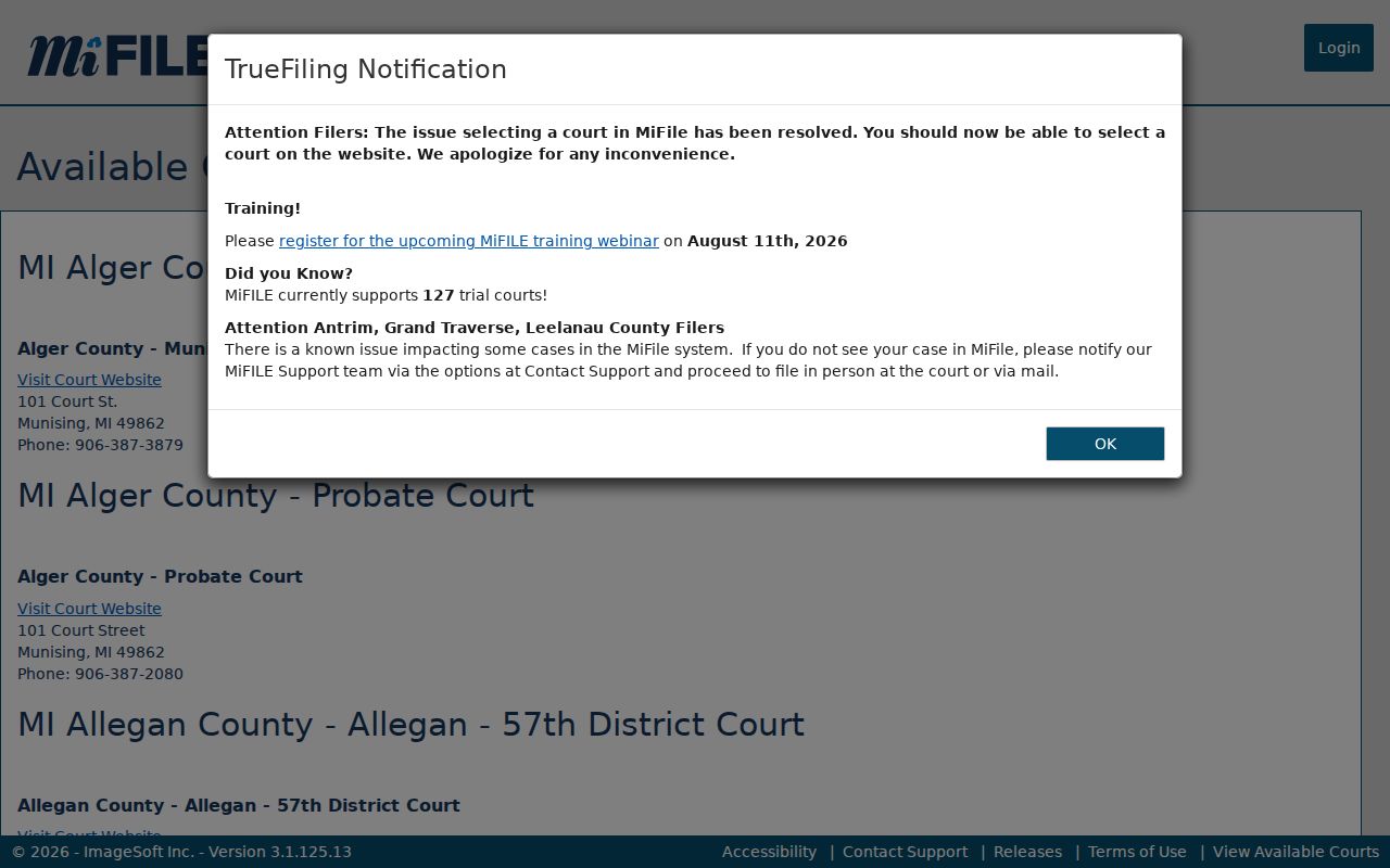 Alma court docket civil filing route through Gratiot 65B MiFILE listing
