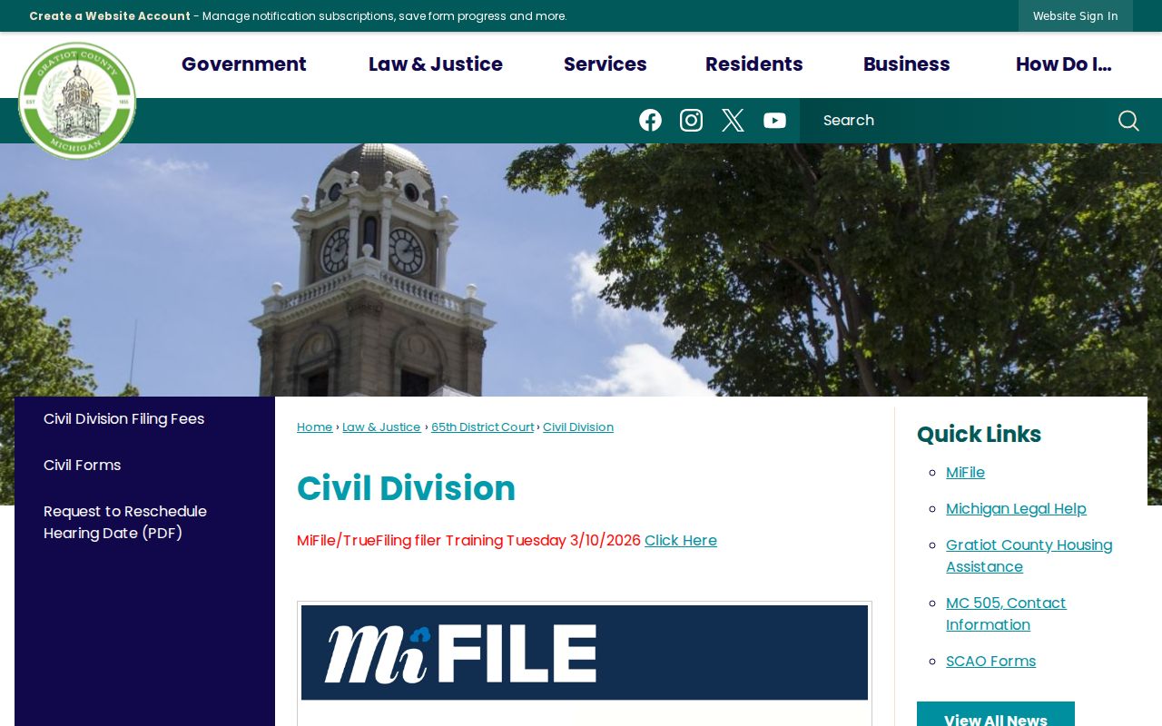Gratiot County civil docket MiFILE filing and lobby workstation information