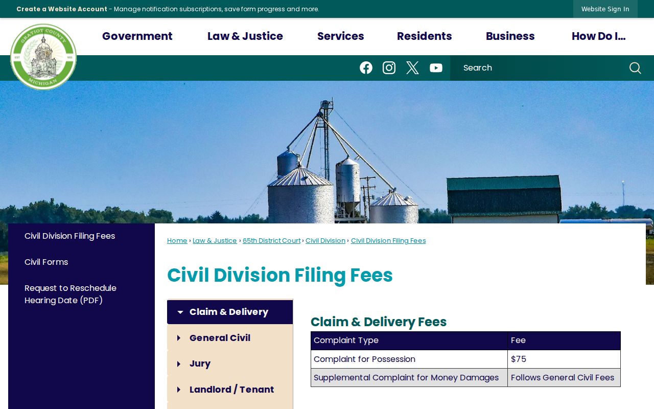 Gratiot County civil docket Civil Division filing fee table