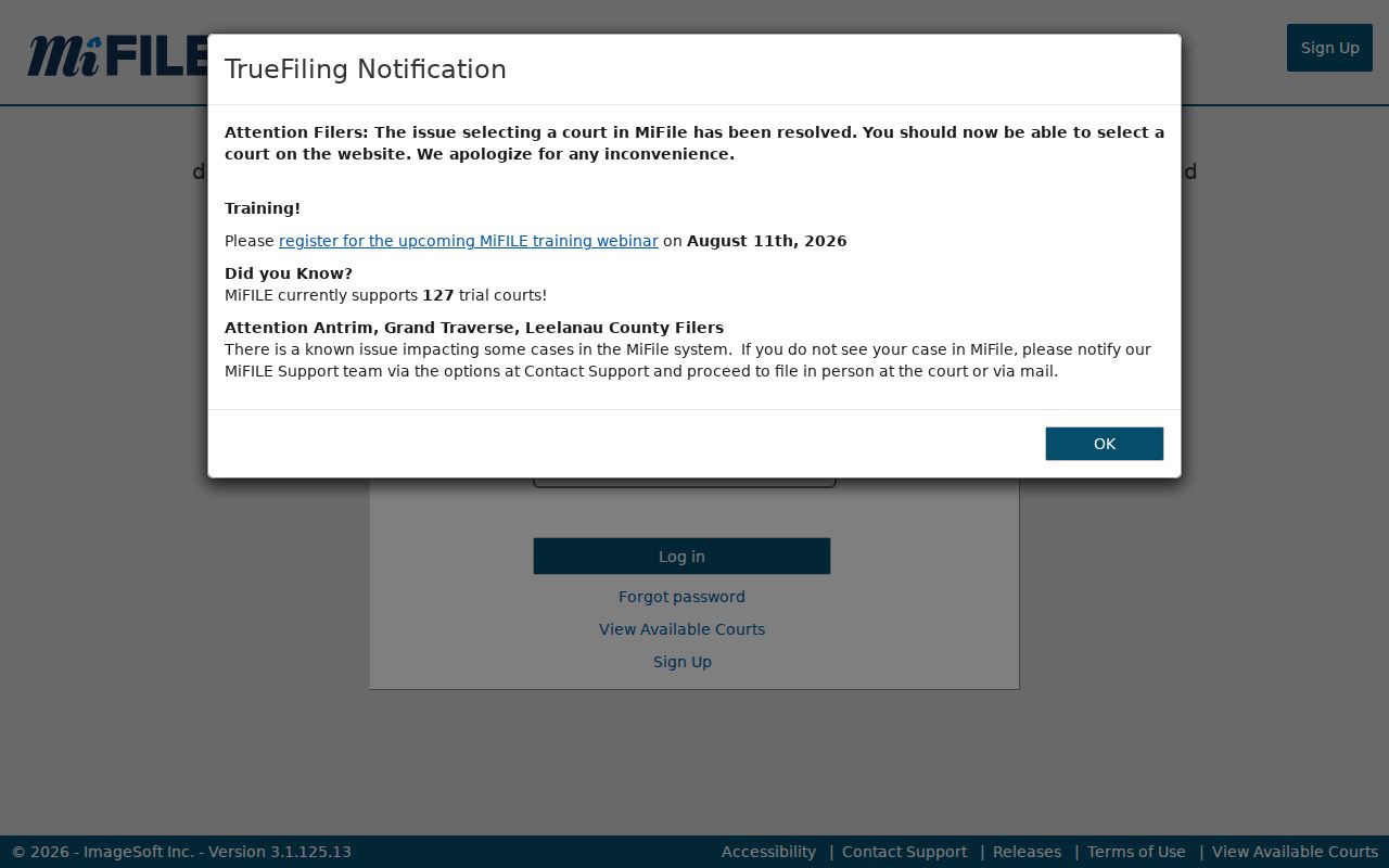 Gratiot County civil docket MiFILE login fields for civil filing