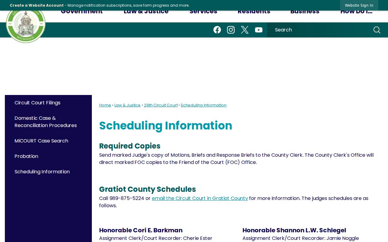 Gratiot County court scheduling information for assignment clerks and motion days