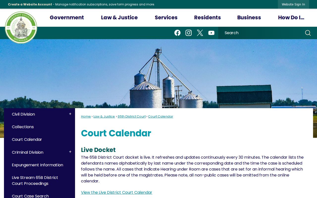 Gratiot County court calendar page describing the 65B public calendar refresh
