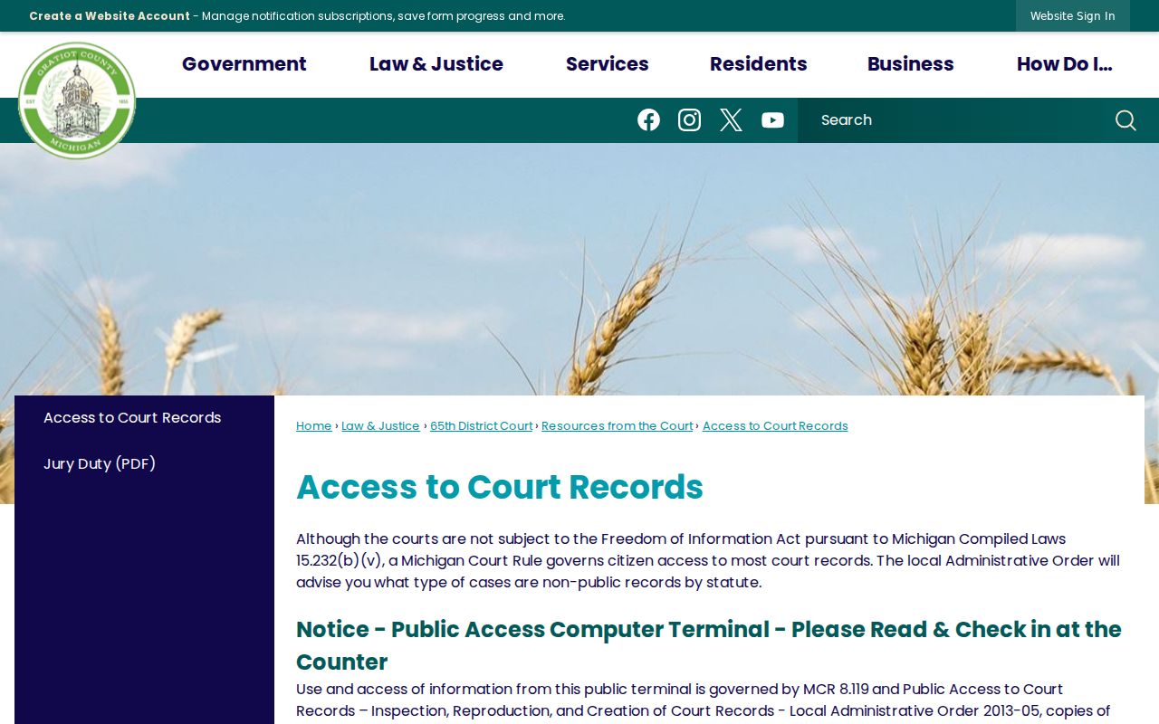 Gratiot County court records terminal hours and thirty-minute access rule
