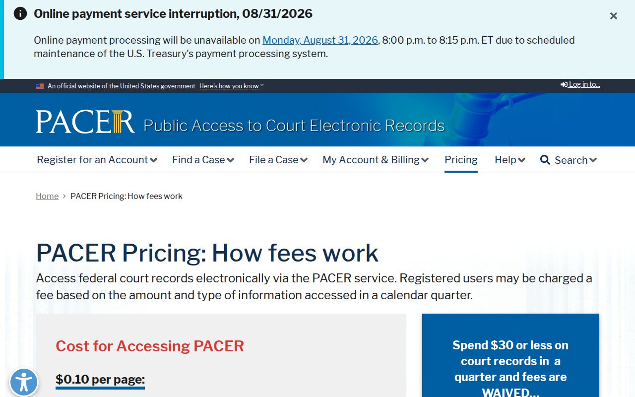 Gratiot County court docket PACER federal record access pricing page